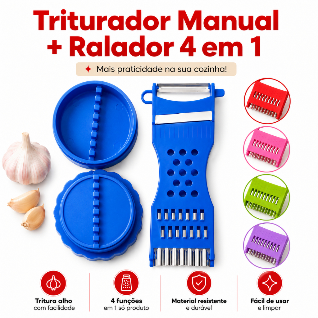 Kit Triturador de Alho Profissional + Ralador Manual 4 em 1 Inox Multiuso Para Cozinha Cores Sortidas Premium