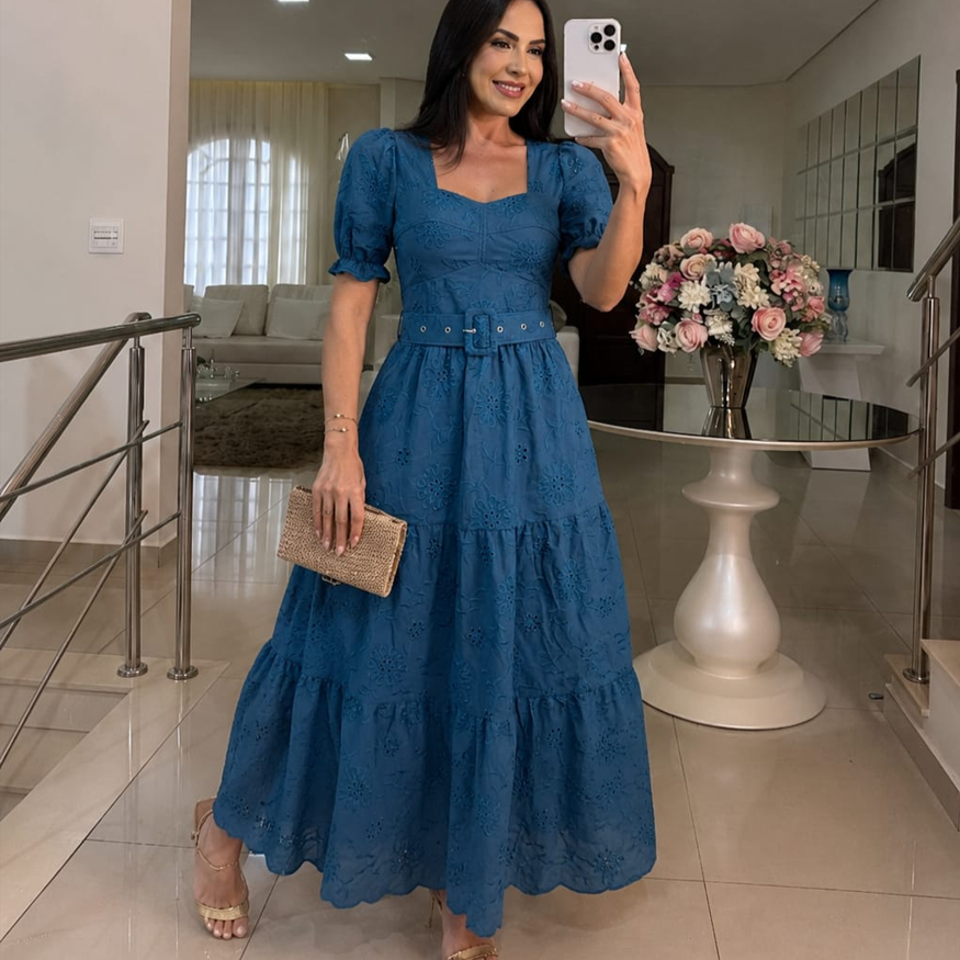 Detalhes do Vestido Midi Feminino Laise Bordado  Elegante Manga Princesa com Cinto Zulma Fashion