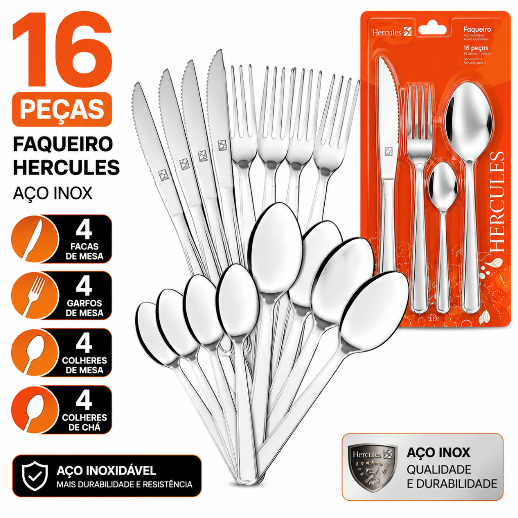 Jogo 16 Peças Talheres Aço Inox Talher Faqueiro Facas Colher Garfo Casa Cozinha - Hercules