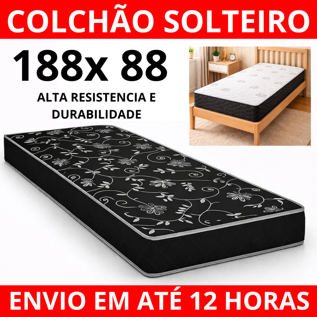 Colchão 100% Espuma Solteiro D20 Ortopédico 1,88x12cm Durável Acabamento PREMIUM Selo Inmetro