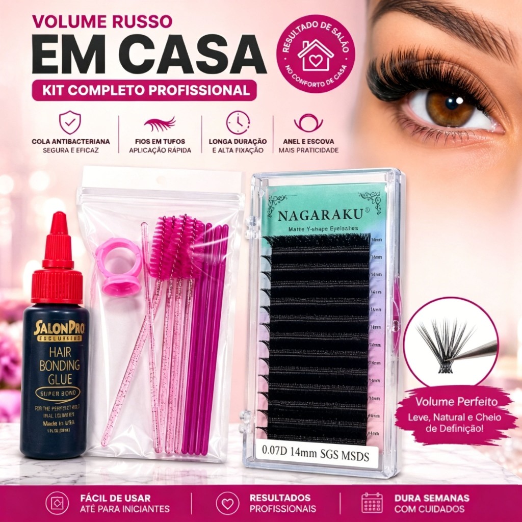 Volume russo Cílios em Casa–Cola Profissional Antibacteriana+Cílios em Tufos + Escova e Anel de Cola