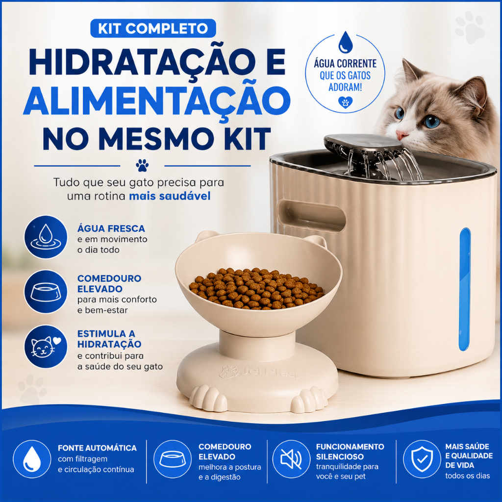Fonte Automática Para Gatos 1,6L Com Filtro LED + Comedouro Elevado Kit Completo Jel Plast