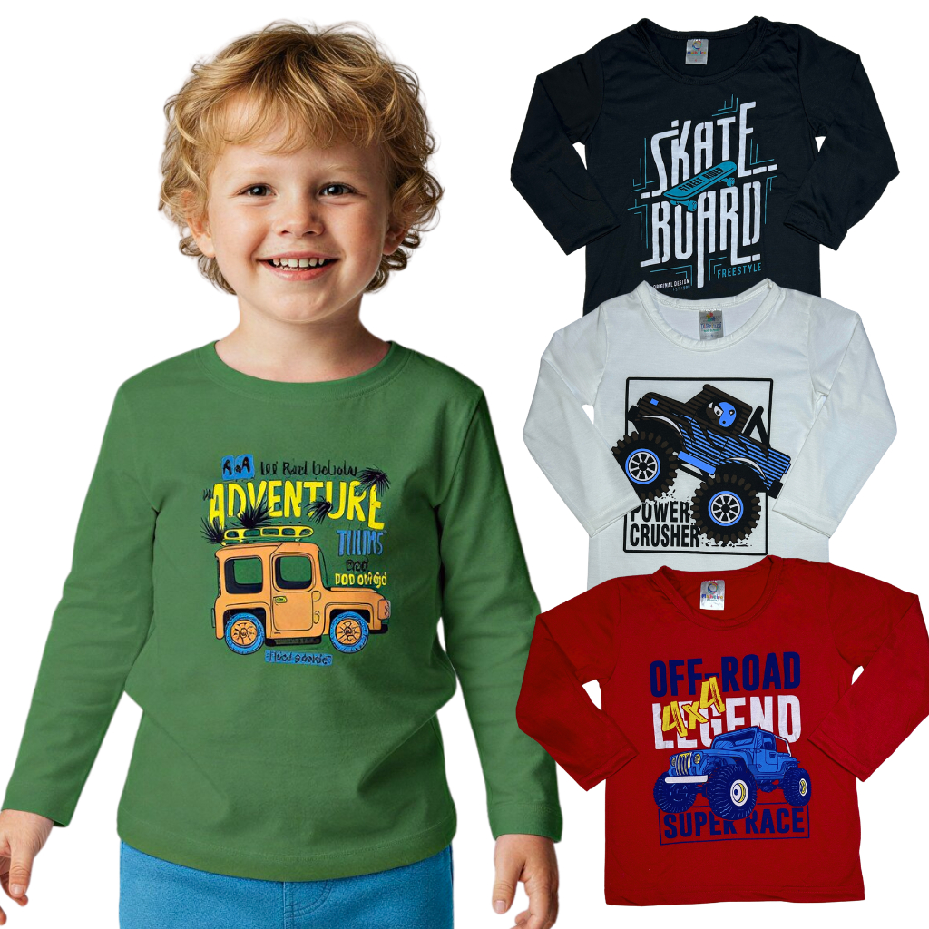 Kit 3 Camiseta Infantil Manga Longa Menino Sortido Blusa Meia Estação Roupa Masculina Bebê