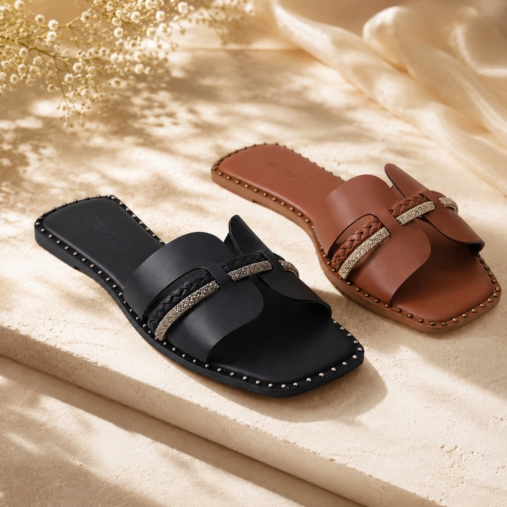 Kit 2 Sandálias Feminina Slide Caramelo Trançada Strass Rasteira Confortável Casual Elegante Dia Dia