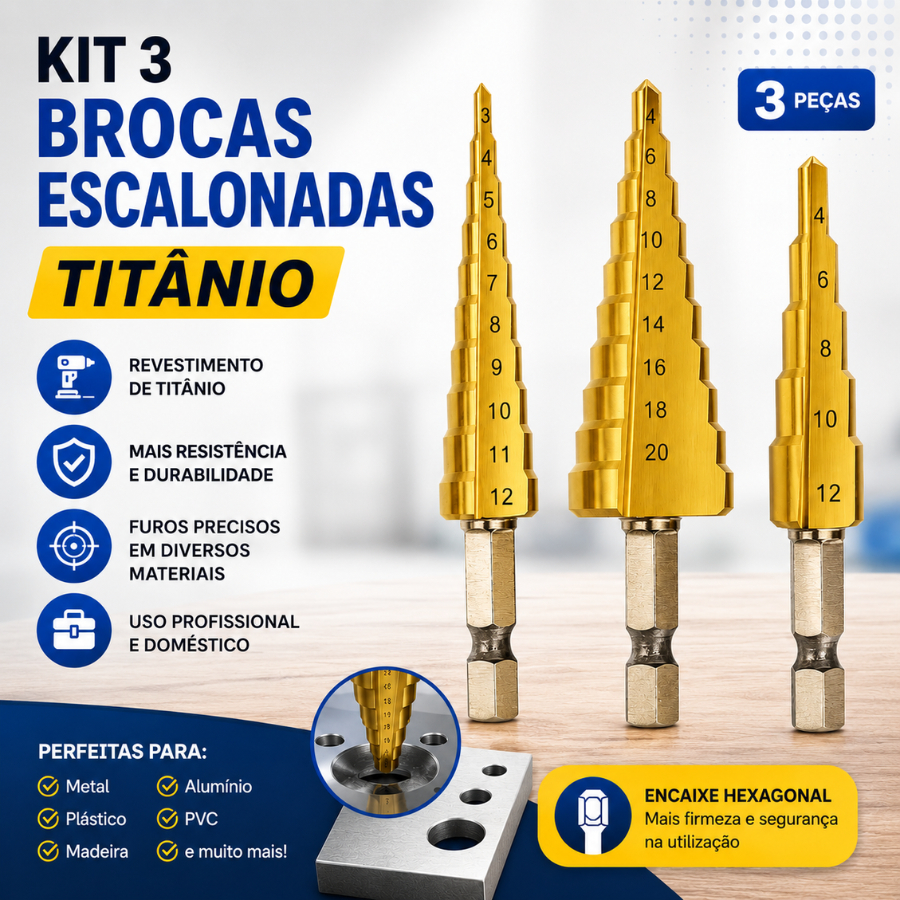 Kit 3 Brocas Escalonada Titânio Jogo Broca Hexagonais Conicos Bits Métricos