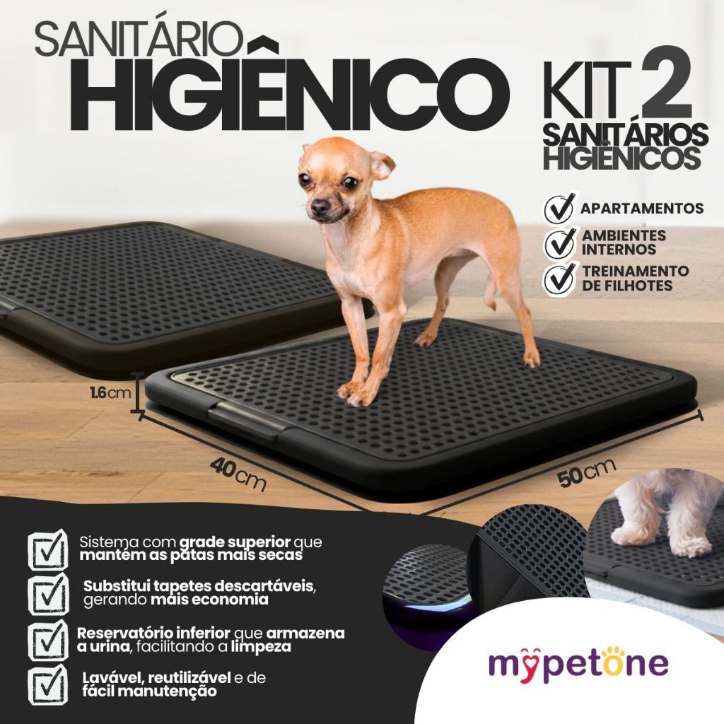 2 Tapete Sanitário Higiênico Lavável Educa Pet Xixi Cães Mypetone Preto