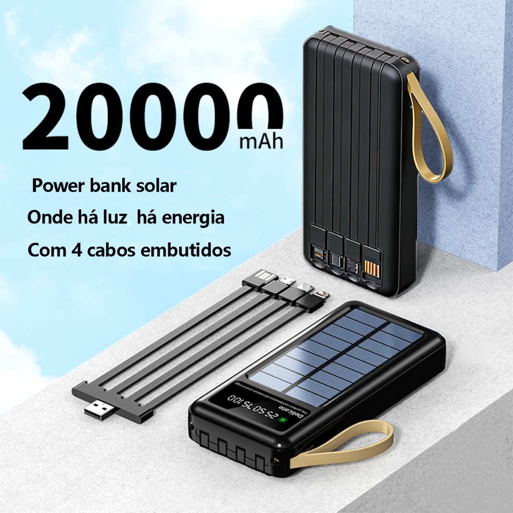 Power Bank 20000mah Solar c/4 Cabos Carregador Portátil com Suporte e LED lanterna Ideal  para Acampamento e Emergência