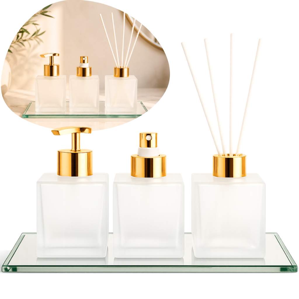Kit Lavabo Cubo Vidro Fosco 250ml Saboneteira Difusor Aromatizador Spray Banheiro Luxo