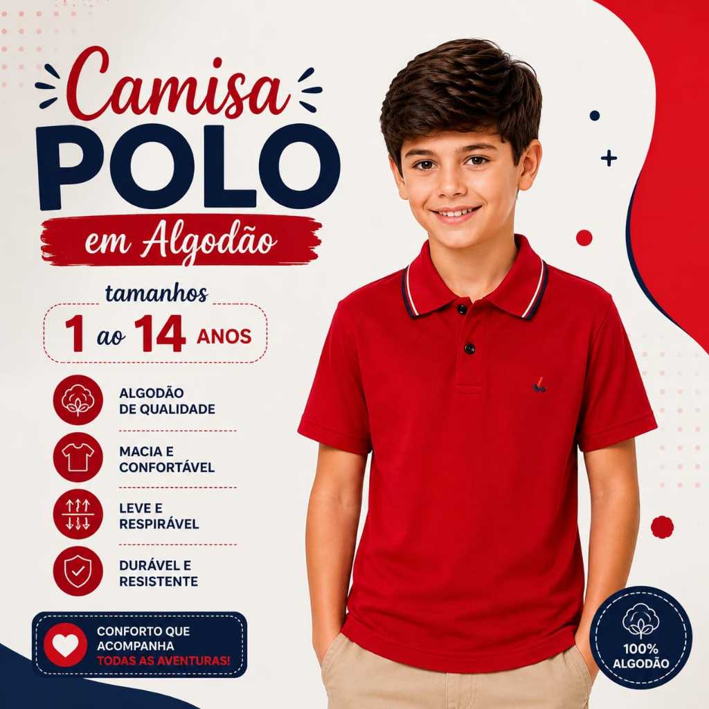Camisa Gola Polo Infantil 100% Algodão Para Menino Do 1 Ao 14 Anos