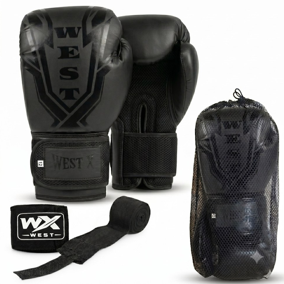 Luva De Boxe Muay Thai Kickboxing Treino Sparring + Bandagem + Porta Luvas