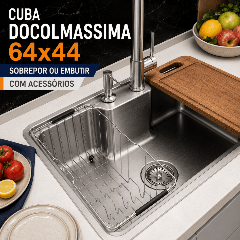 Cuba de Cozinha Docol Massima 64x44cm Sobrepor Inox Escovado com Acessórios ou Lixeira Embutida