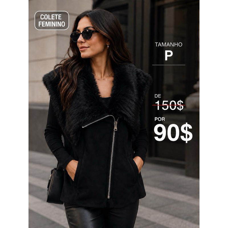 Colete preto de suede com zíper frontal diagonal e uma gola de pele sintética
