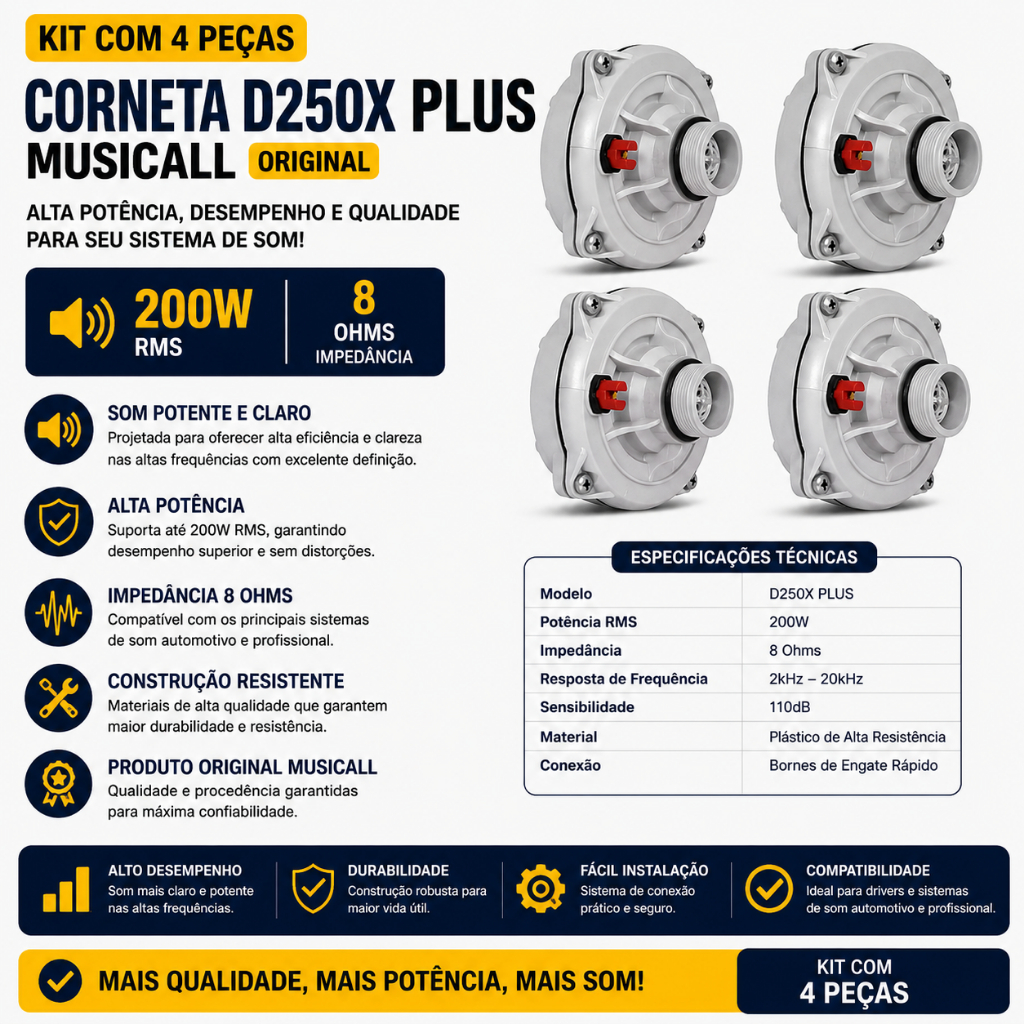 Kit 4 Peças Driver Musicall Plus Sim D250x Corneta + 4 Capacitores