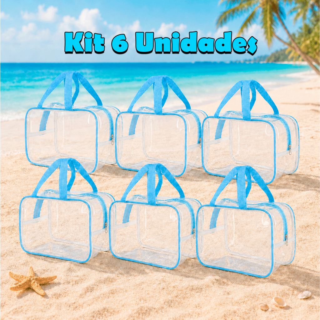 Kit 6 Necessaire Azul Claro Transparente Verão Viagem Bolsa Organizadora Cosméticos Higiene Pessoal