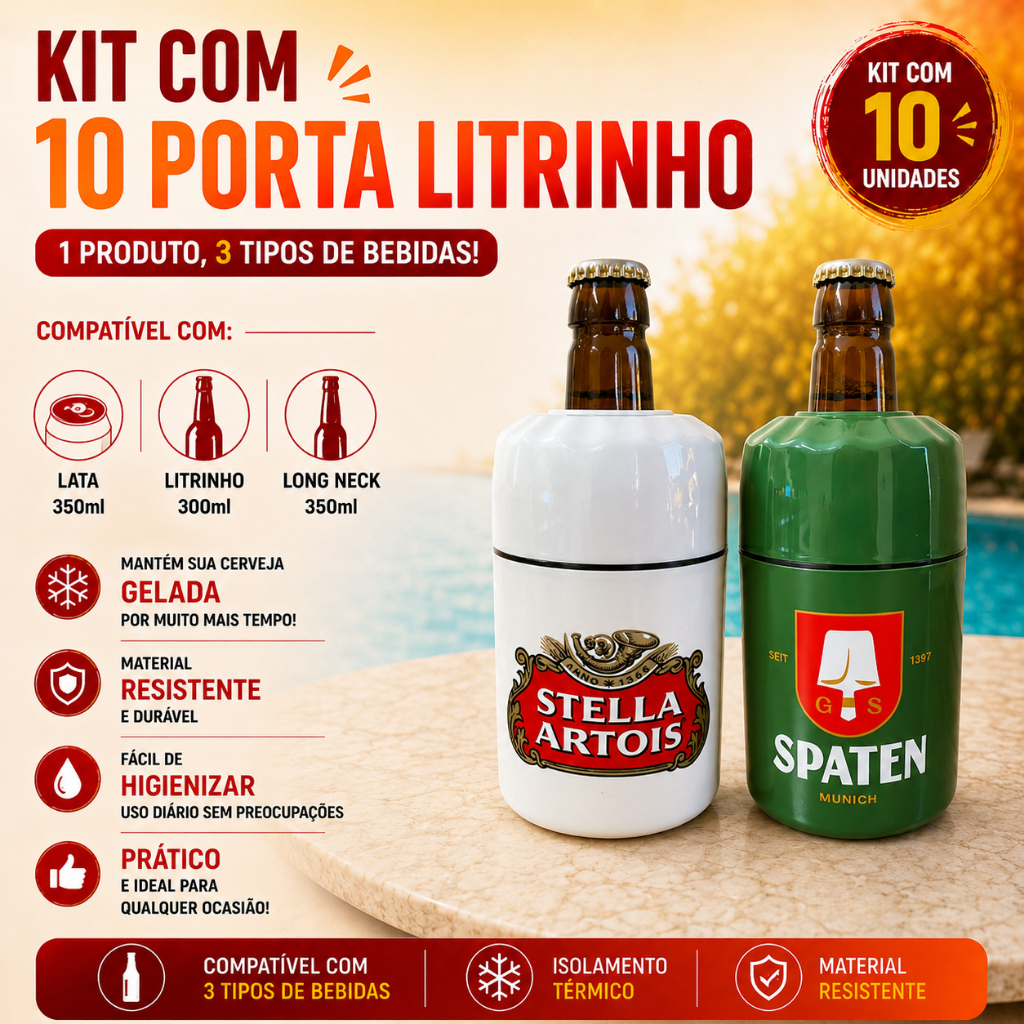 Kit 10 Porta Garrafa 300ml Suporte Litrinho Lata Long Neck Térmico Stella e Spaten