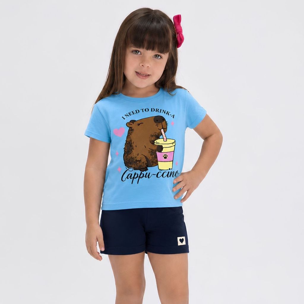 Conjunto feminino Camisetas + Bermudas infantil Roupas Menina De qualidade Confortável e Estiloso 1 a 8 anos