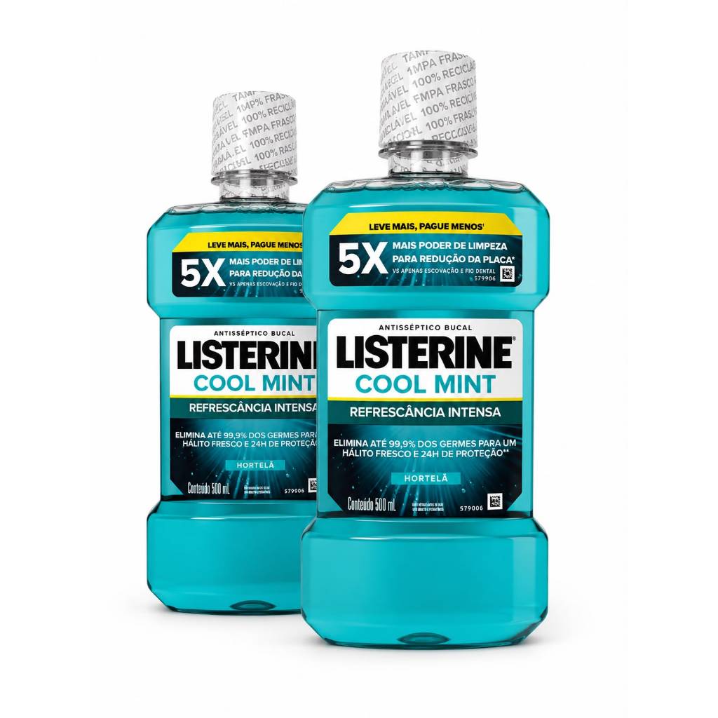 Kit com 2 Enxaguantes Bucal Listerine 500ml refrescante anti-séptico cuidados Pessoais higiene bucal Saude Cuidado