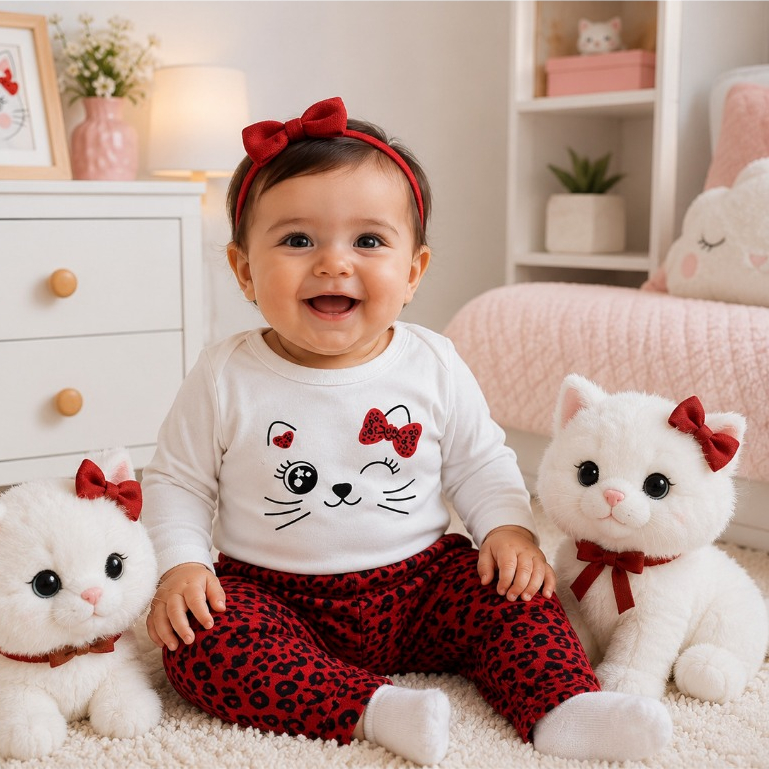 Conjunto Bebê menina Inverno Gatinha e Calça Estampada