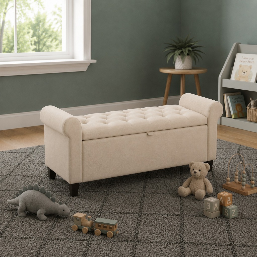 Baú Organizador Recamier Sapateira Cama Solteiro 90cm Estofado Capitonê Suede Bege De Luxo Acabamento Sofisticado