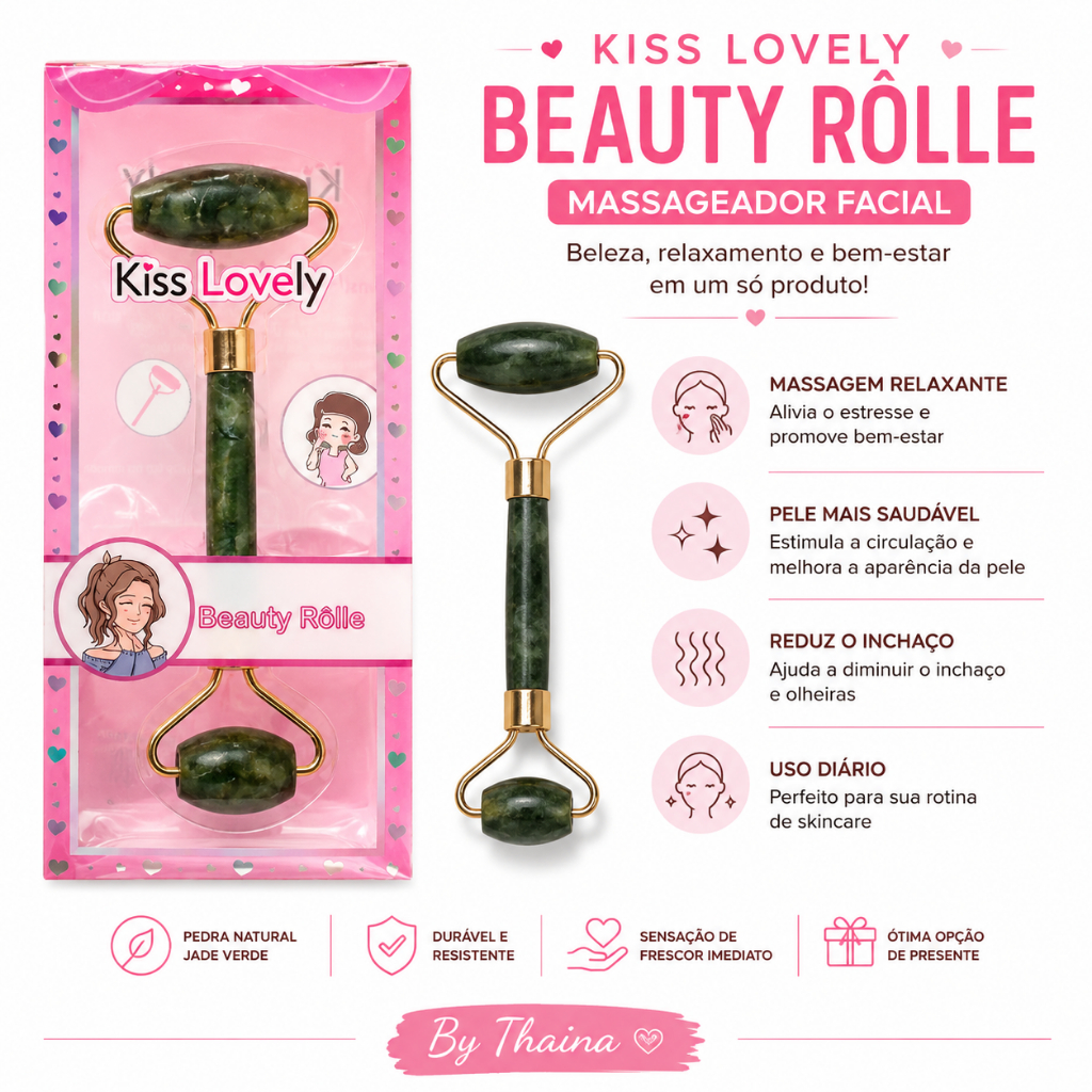 Massageador Facial Roller Jade Verde Kiss Lovely Beauty Rôle
