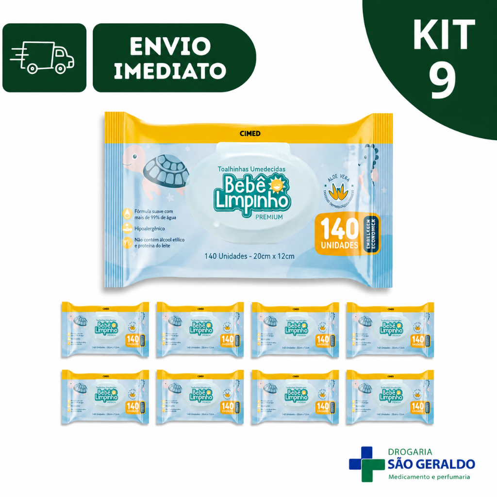 Kit 5 e 9 Pacotes Toalha Umedecida Bebê Limpinho Cimed 140 Unidades – Lenço Umedecido Infantil Suave Hipoaler