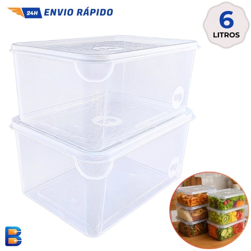 Kit 2 Potes 6 Litros Grandes Transparentes com Tampa Retangular Organizador Plástico Vasilha Marmita Geladeira Freezer