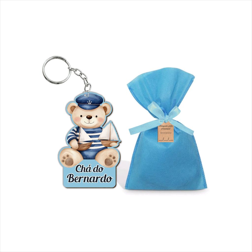 Chaveiro Lembrança Ursinho Marinheiro personalizado em MDF com saquinho e TAG