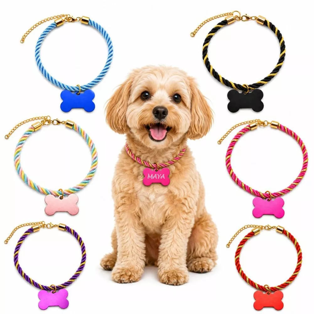 Coleira Pet Luxo Cachorro Gato Com Pingente Osso Personalizado Plaquinha Identificação Tag Nome + Contato