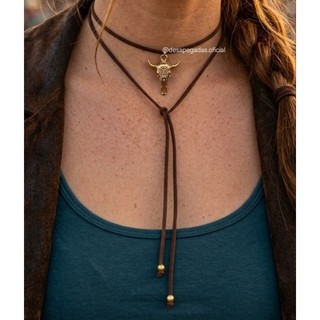 Choker boi courinho country moda western longhorn fio de camurça ajustável amarração boiadeira cabeça de boi rodeio