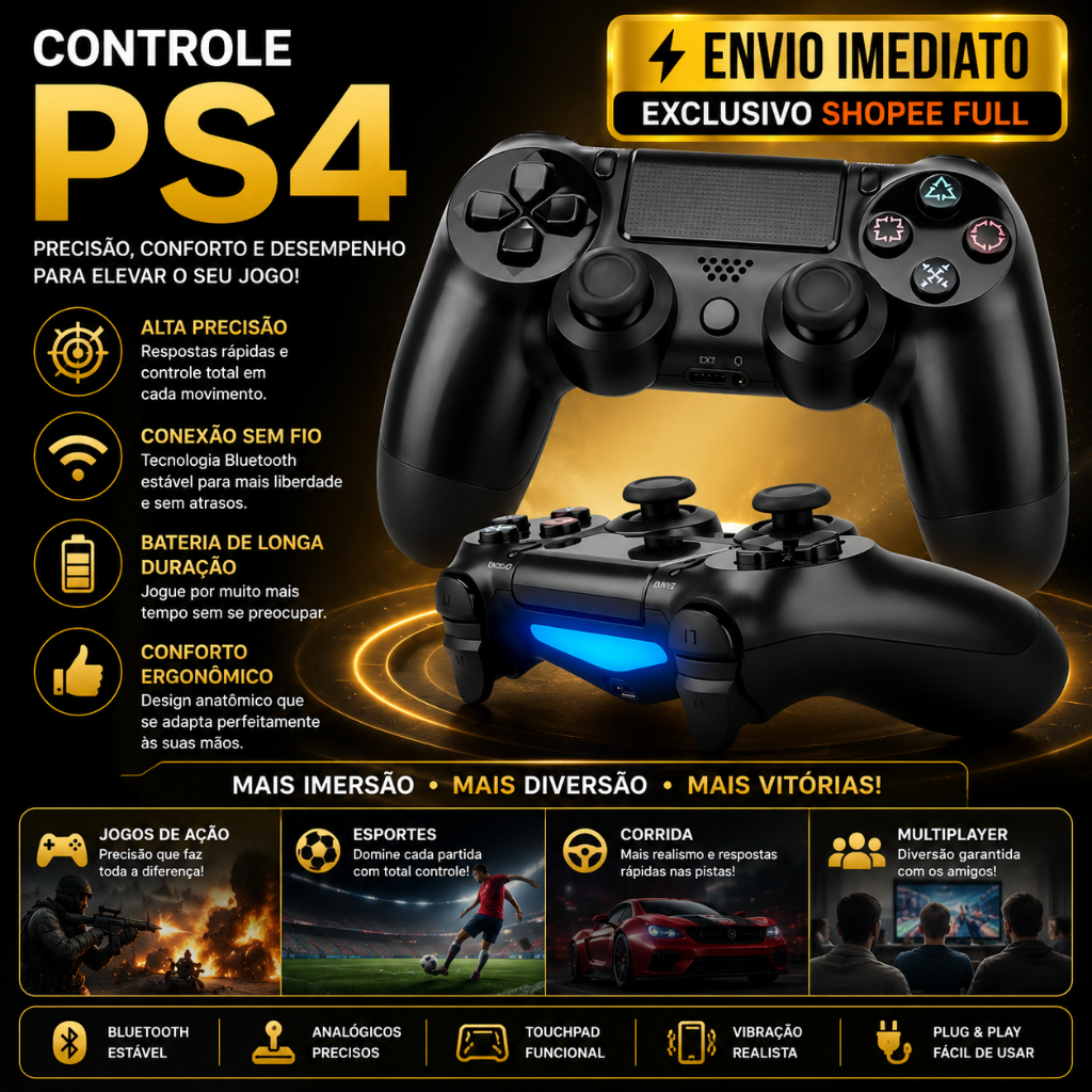 Controle Ps4 Joystick Bluetooth Compatível Para Ps4 Smart Tv Pc Gamer Sem Fio + Cabo