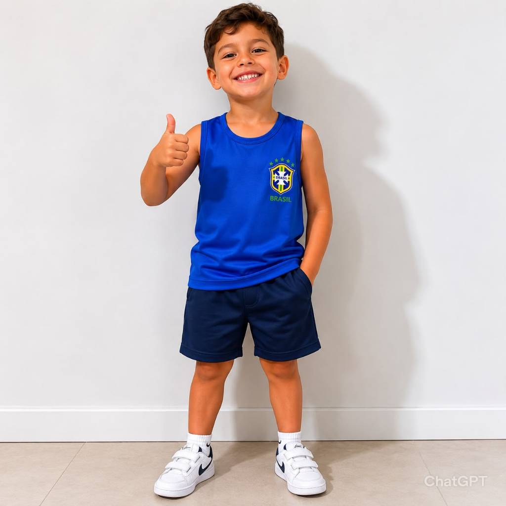 Conjunto infantil copa mundo menino verão bermuda e camisa ou regata estampada Brasil tamanhos 1 ao 8