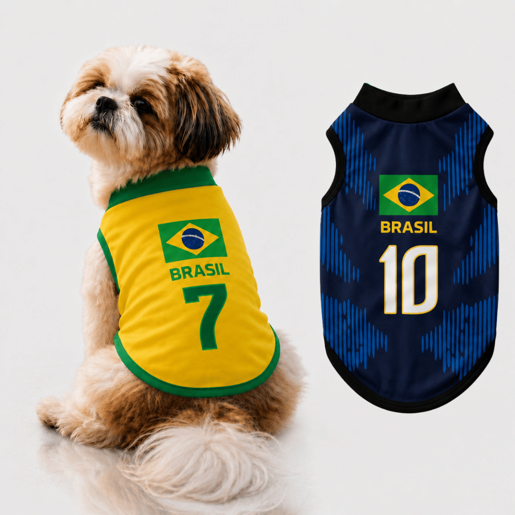 Roupa Pet Brasil Cachorro Gato Porte Pequeno Médio Amarela e Azul Camisa Roupinha Copa do Mundo 2026