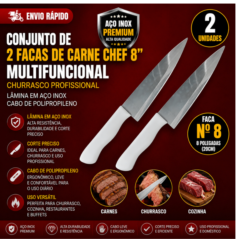 Conj 2Facas de Carne Chef 8"Multifuncional Churrasco Profissional Lâmina Aço Inox Cabo Polipropileno