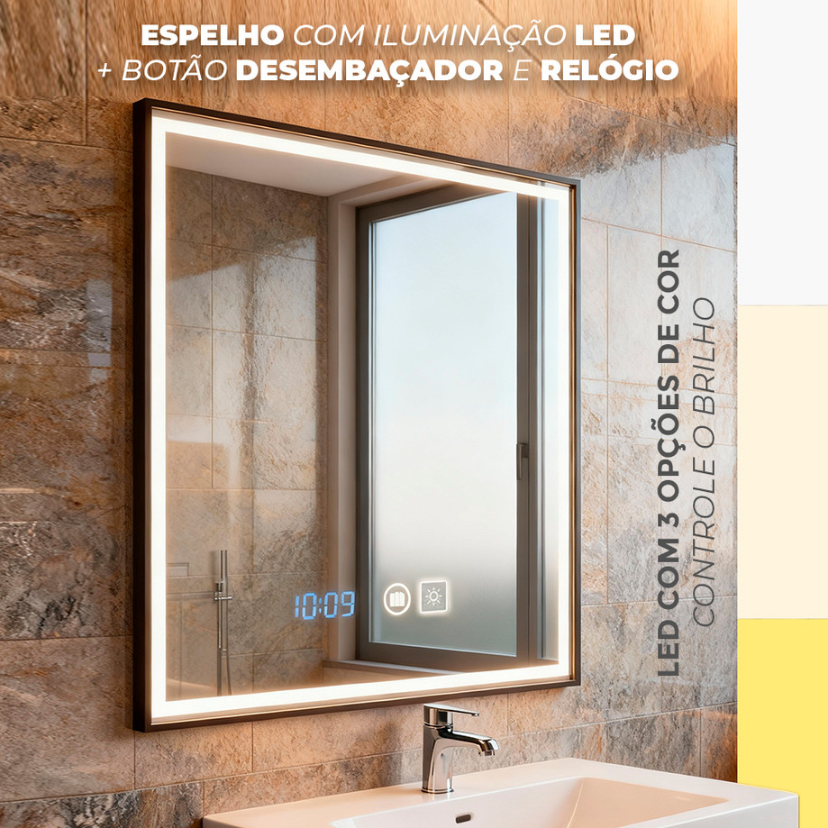 Espelho Retangular com 3 Cores Led Touch Vertical 50x70 Relógio Temperatura Decorativo de Parede