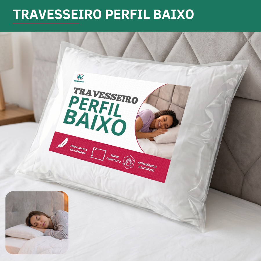 Travesseiro Perfil Baixo 70x50cm Fibra Siliconada Extra Macio Antialérgica Suporte Suave Premium
