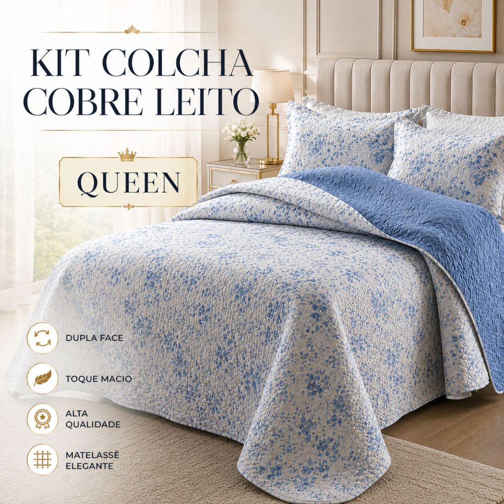 Colcha Cobre Leito Dupla Face Queen 3 Peças Bouti 2,40m x 2,60m Com Porta Travesseiro Rozac Liz