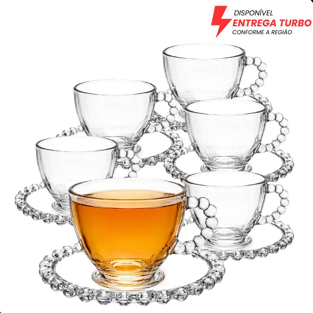 Jogo Xícara de Vidro 220ml com Pires 12 Peças Xícara Café Elegante Bolinhas Pérola