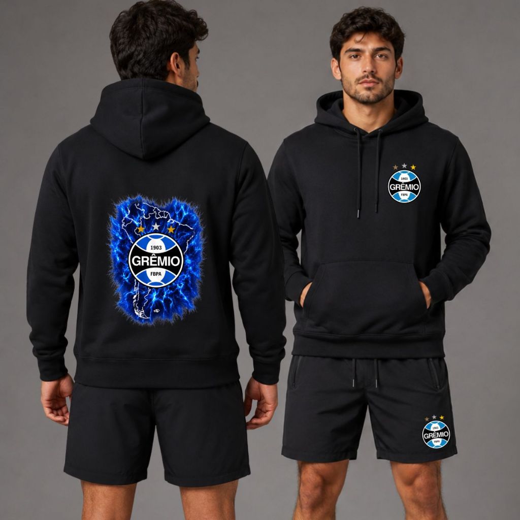 Kit Moletom e Bermuda Tactel Masculina Grêmio Adulto Conjunto Imortal Tricolor Bermuda Blusa de Frio
