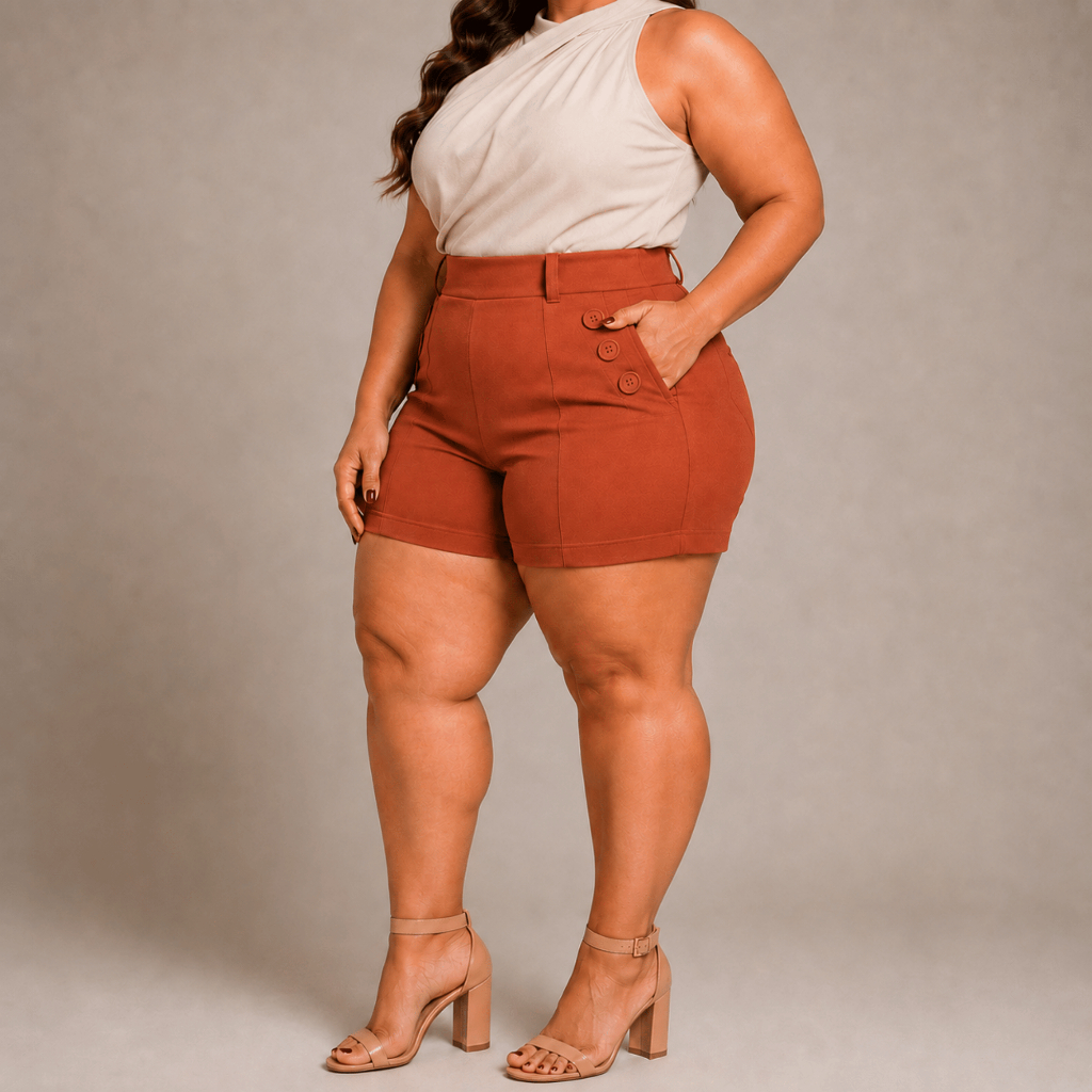 Shorts Social Plus Size Feminina Com 6 Botões Cintura Alta Alfaiataria Tecido Bengaline 42 ao 52 — imagem 2 de 2