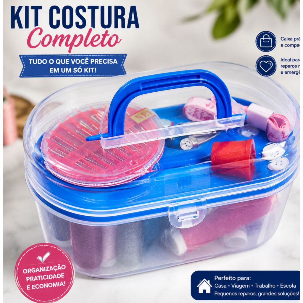 Kit de Costura Completo Portátil com Agulhas, Linhas, Tesoura, Dedal e Fita Métrica