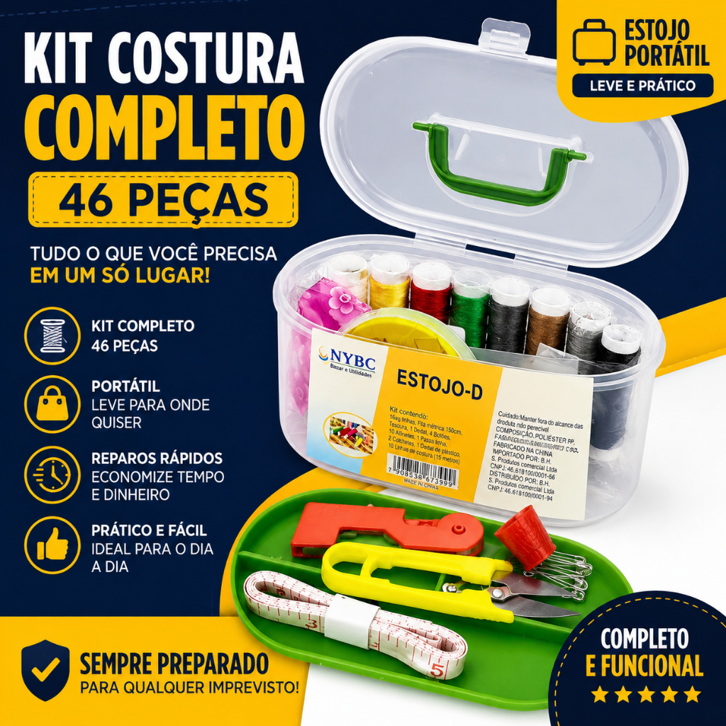Kit Costura Completo 46 Peças Estojo Portátil Agulha Linha Tesoura Reparo Rápido Viagem