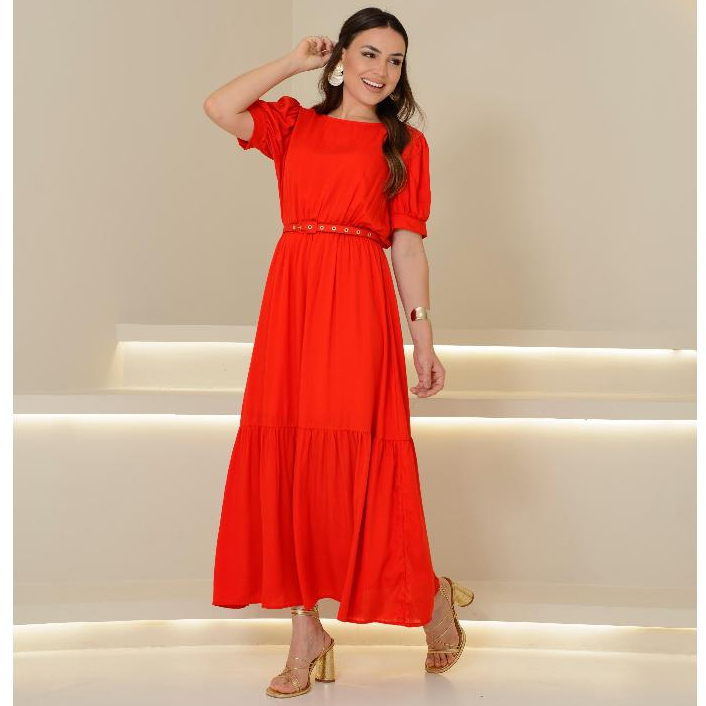 Vestido Longo Feminino Vermelho Viscolinho Premium com Cinto e Manga Bufante Elegante e Confortável