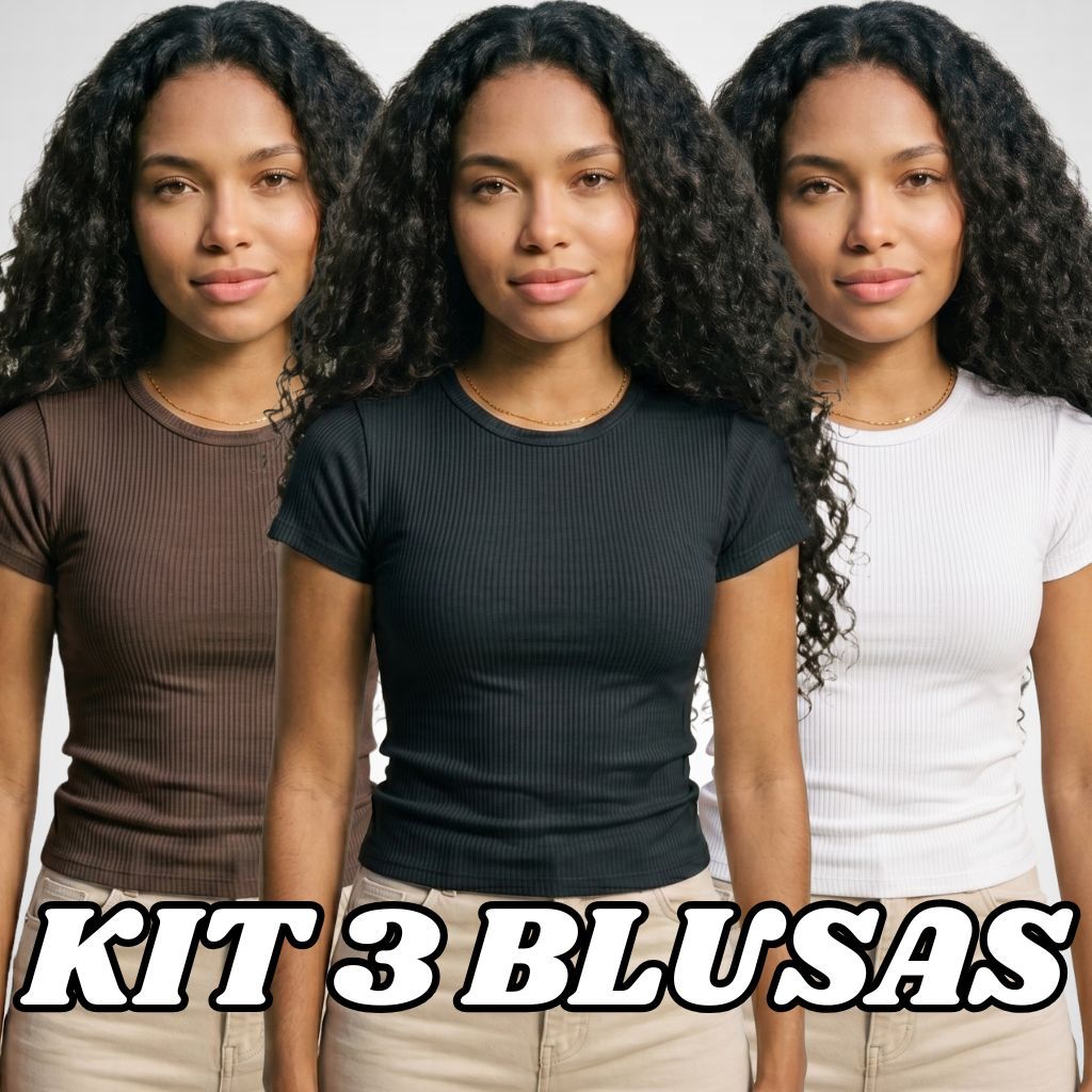 Kit 3 Blusas Feminina Canelada Manga Curta Básica Casual Ajustada ao Corpo Confortável