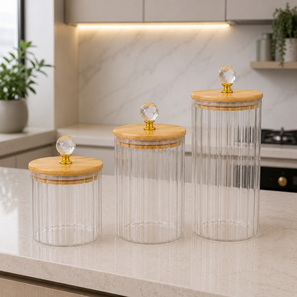 Kit de Potes Herméticos Vidro Canelado Transparente Cristal Luxo Tampa Bambu Cristal Luxo Porta Mantimentos
