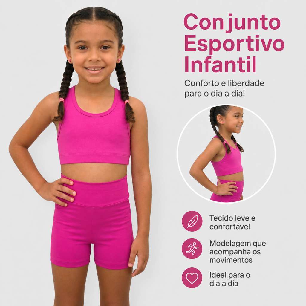 Conjunto Fitness Infantil Menina Top e Short Academia Ginástica Poliamida Cós Alto Confortável Kids