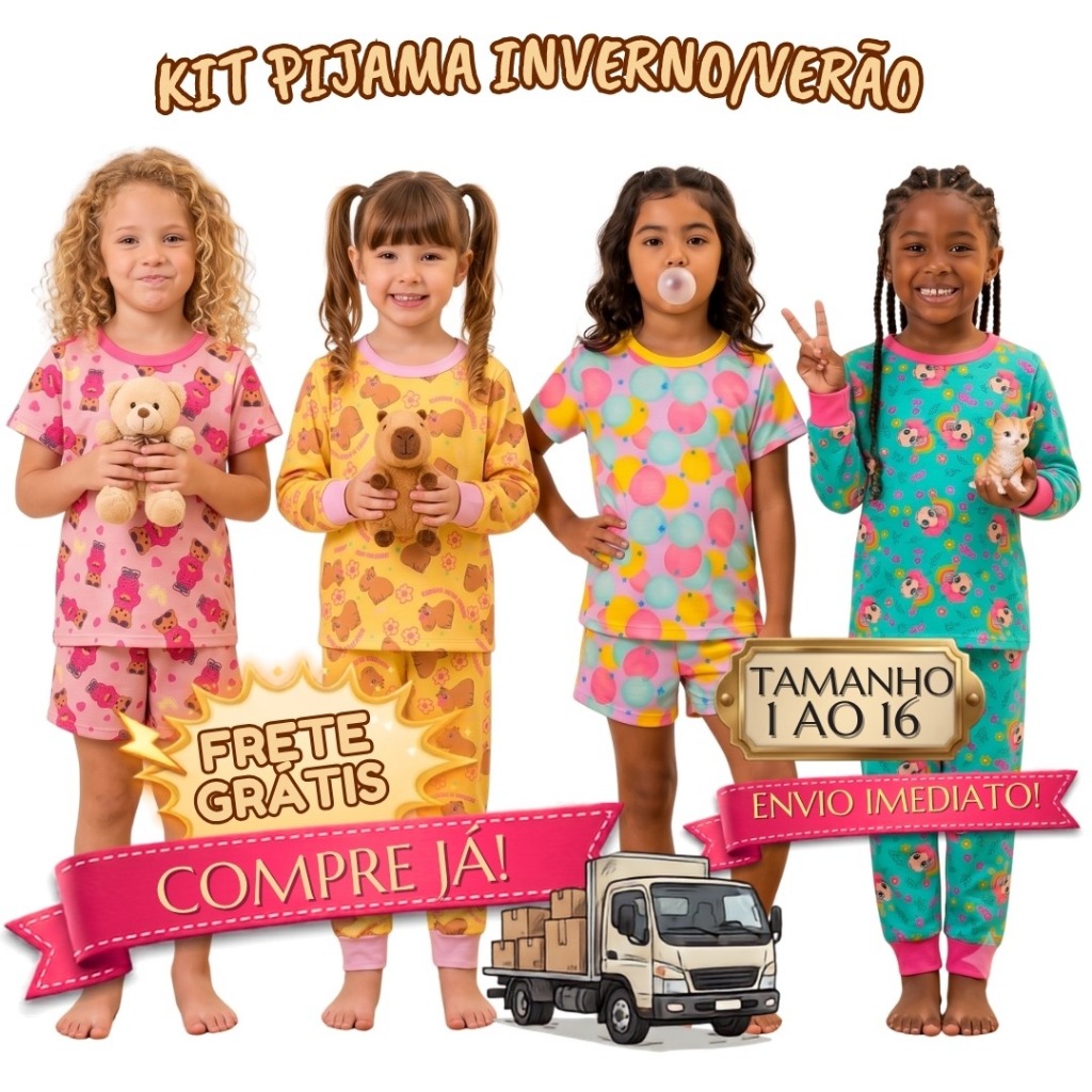 Kit 8 Peças Pijama Infantil Feminino 2 Pijama Curto Verão e 2 Pijama Infantil Outono Inverno Roupa de Dormir Menina