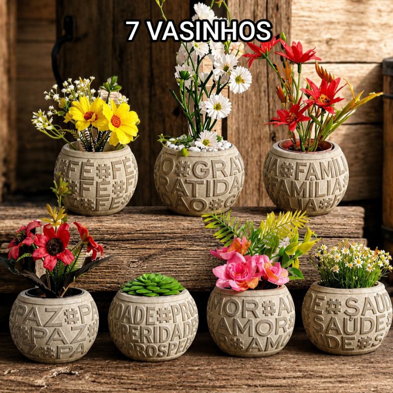 KIT 7 VASOS DE CIMENTO COM PALAVRAS MOTIVACIONAIS PARA SUCULENTAS ( IDEAL PARA POTES DE Nº 6 )