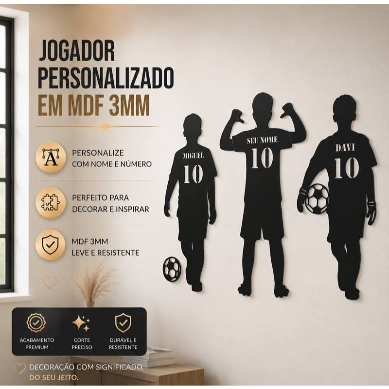 Quadro Jogador de Futebol Personalizado com Nome e Número em MDF 3mm | Decoração quarto infantil menino/menina