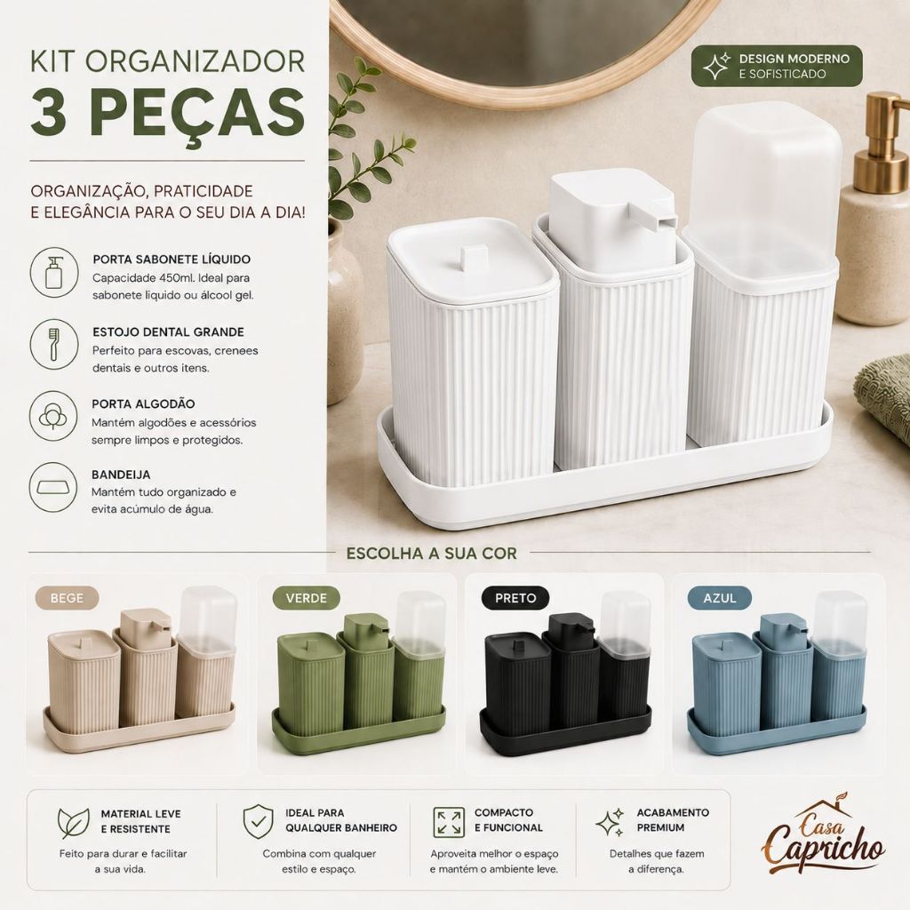 Kit 3 Acessórios Banheiro com Bandeja Dispenser Sabonete Líquido, Porta Algodão e Porta Escovas