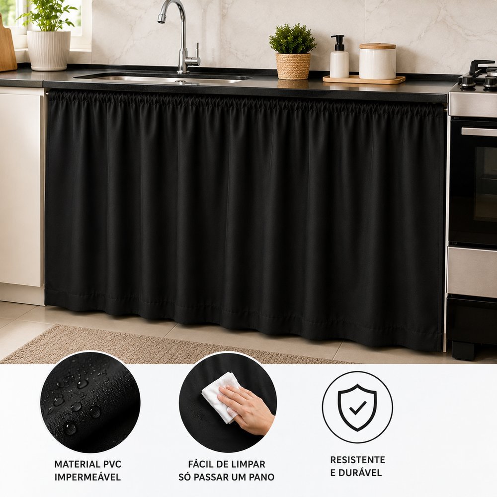 Cortina Para Pia De Cozinha Preta Balcão Gabinete Sem Varão Decoração Casa Moderna